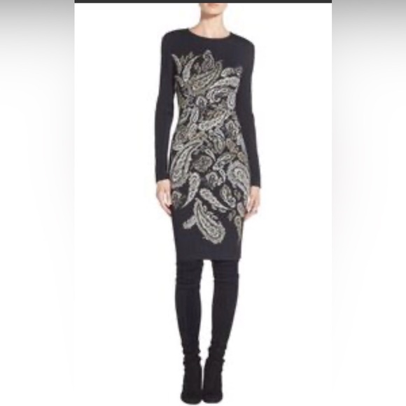 St. John Dresses & Skirts - St. John Black and Cream Paisley Long Sleeve Knit Dress